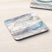 Marble Roos Gold Glitter Blauwgroen Script Monogra Bier Onderzetter (Linkerzijde)