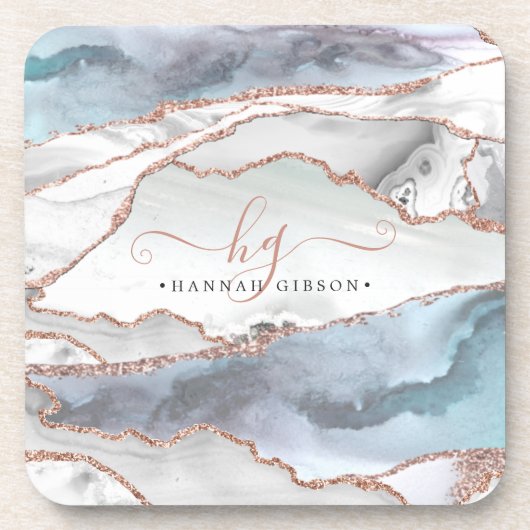 Marble Roos Gold Glitter Blauwgroen Script Monogra Bier Onderzetter (Voorkant)