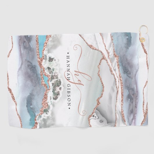 Marble Roos Gold Glitter Blauwgroen Script Monogra Golfhanddoek (Horizontaal)