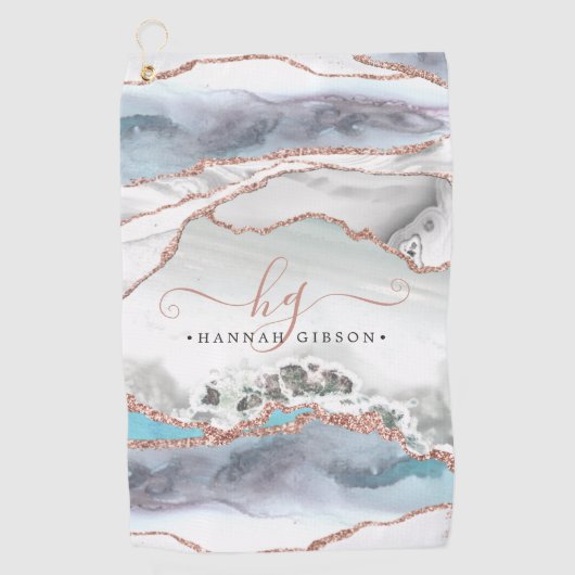 Marble Roos Gold Glitter Blauwgroen Script Monogra Golfhanddoek (Voorkant)
