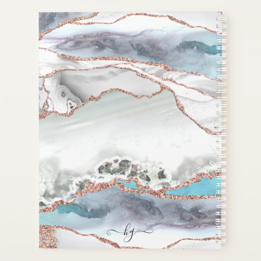 Marble Roos Gold Glitter Blauwgroen Script Monogra Planner (Achterkant)