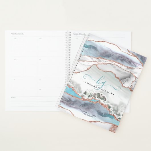 Marble Roos Gold Glitter Blauwgroen Script Monogra Planner (Display)
