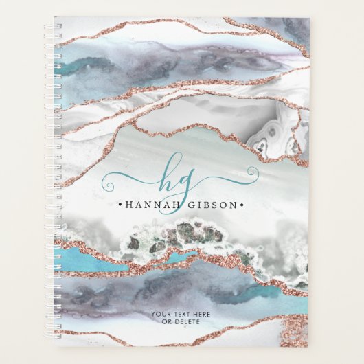Marble Roos Gold Glitter Blauwgroen Script Monogra Planner (Voorkant)
