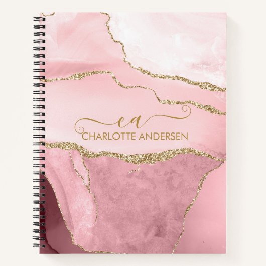 Marble Roos Gold Glitter Script Monogram Notitieboek (Voorkant)