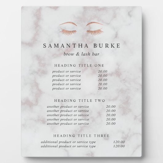 Marble Roos Gold Lash & Brow Pricing/Services Fotoplaat (Voorkant)