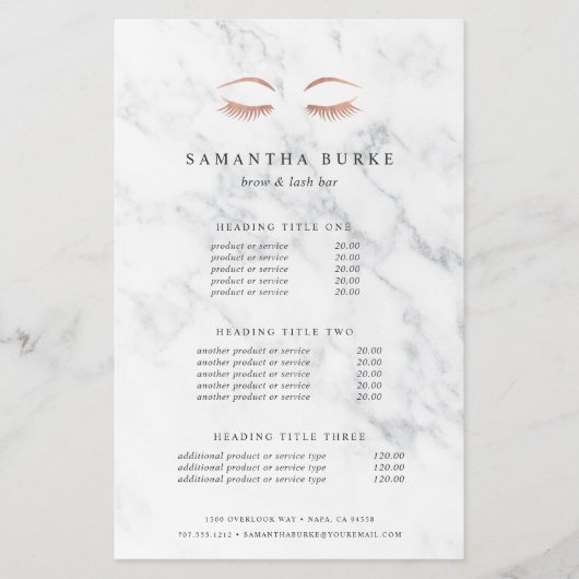 Marble Roos Gold Lashes & Brows Pricing & Services Flyer (Voorkant)