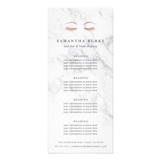 Marble Roos Gold Lashes & Brows Pricing & Services Reclamekaart (Voorkant)