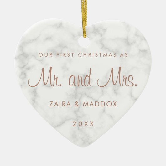 Marble Roos Gold Mr. en Mrs. Our First Kerstmis Keramisch Ornament (Voorkant)