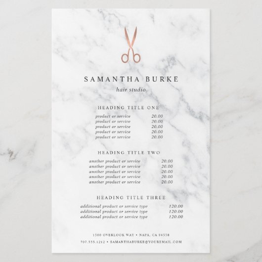 Marble Roos Gold Scissors Salon Pricing & Services Flyer (Voorkant)