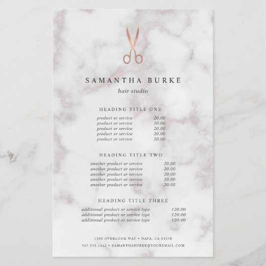 Marble Roos Gold Scissors Salon Pricing & Services Flyer (Voorkant)