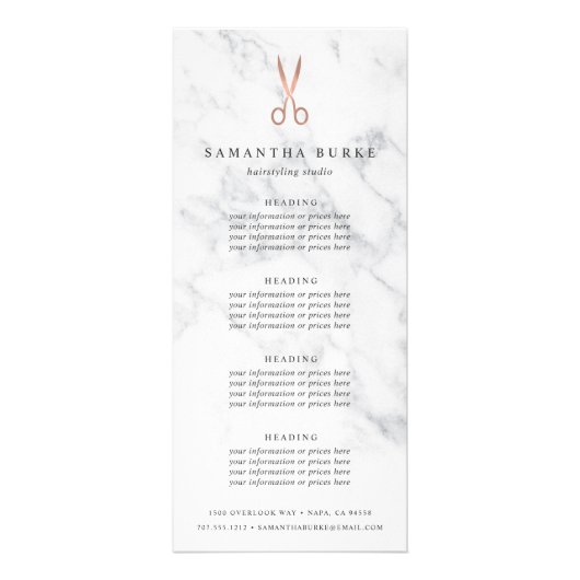 Marble Roos Gold Scissors Salon Pricing & Services Reclamekaart (Voorkant)