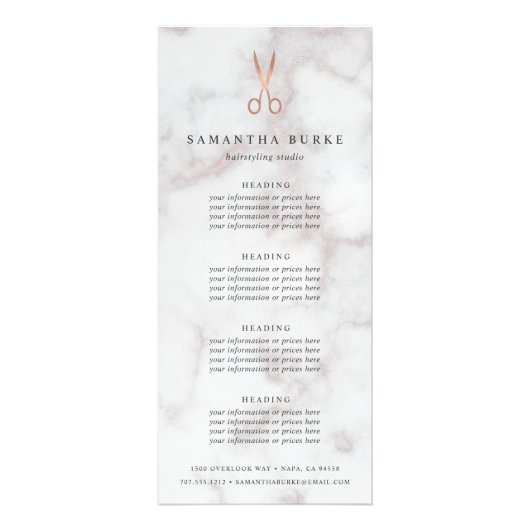 Marble Roos Gold Scissors Salon Pricing & Services Reclamekaart (Voorkant)