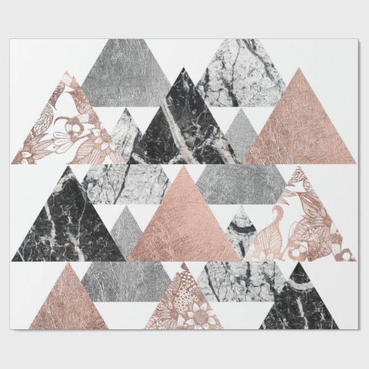 Marble Roos Gold Silver en Floral Geo Triangles Cadeaupapier (Vlak)