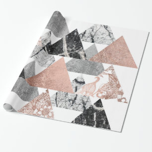 Marble Roos Gold Silver en Floral Geo Triangles Cadeaupapier