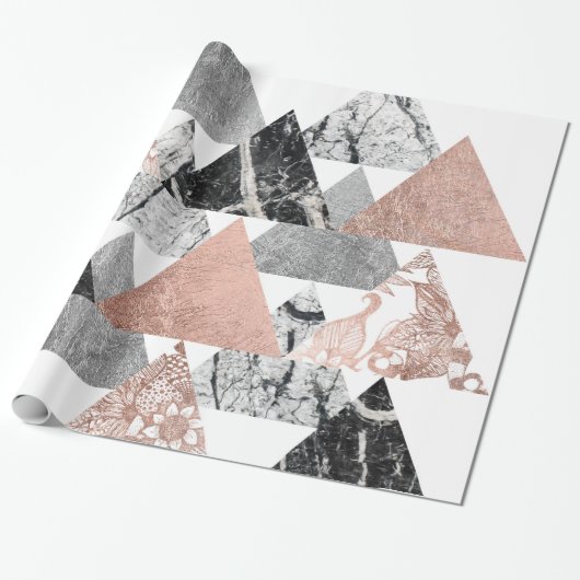 Marble Roos Gold Silver en Floral Geo Triangles Cadeaupapier (Uitgerold)