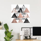 Marble Roos Gold Silver en Floral Geo Triangles Poster (Thuiskantoor)