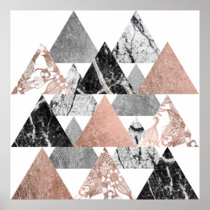 Marble Roos Gold Silver en Floral Geo Triangles Poster