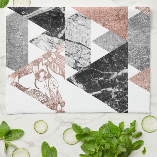 Marble Roos Gold Silver en Floral Geo Triangles Theedoek (Gevouwen)