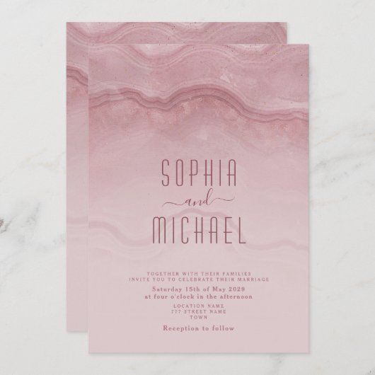 Marble Roos Gold Wedding Invitation Kaart (Voorkant / Achterkant)