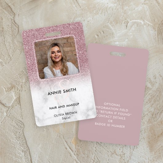 Marble Rose Gold Glitter Photo Makeup Hair Salon Badge