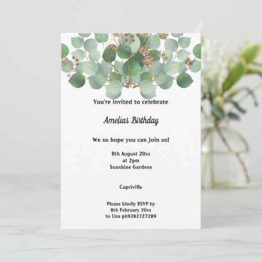 MARBLE SAGE EUCALYPTUS 2 BIRTHDAY ARTIJ INVITATIE KAART (Staand voorkant)