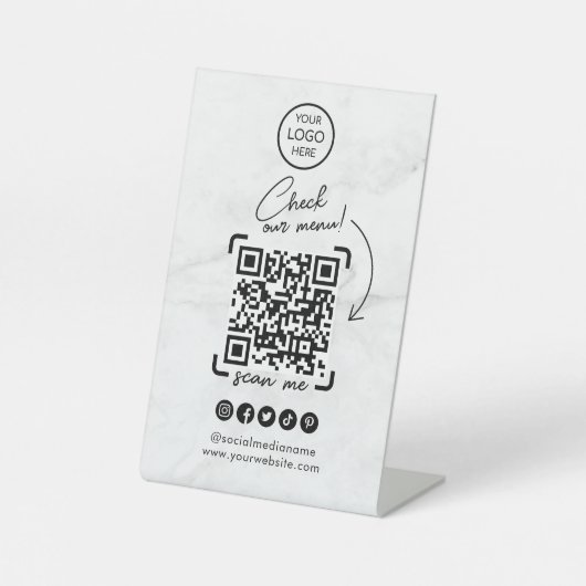 Marble Scan naar Uitzicht Menu QR Code | Modern mi Reclamebord Met Voetstuk (Voorkant)