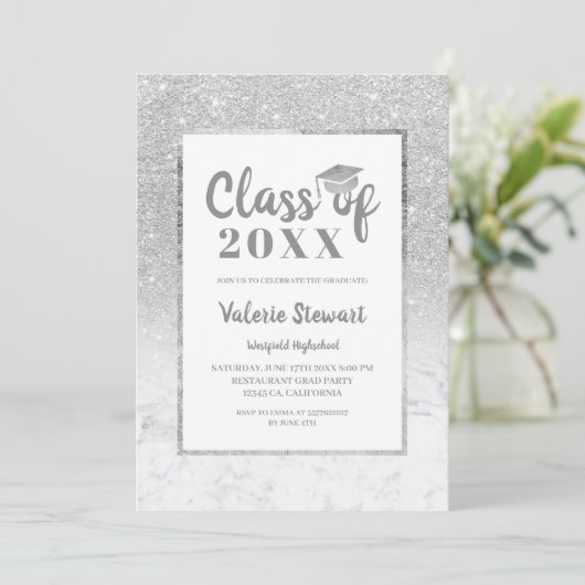 Marble Silver Glitter-klasse foto-afstuderen Kaart (Staand voorkant)