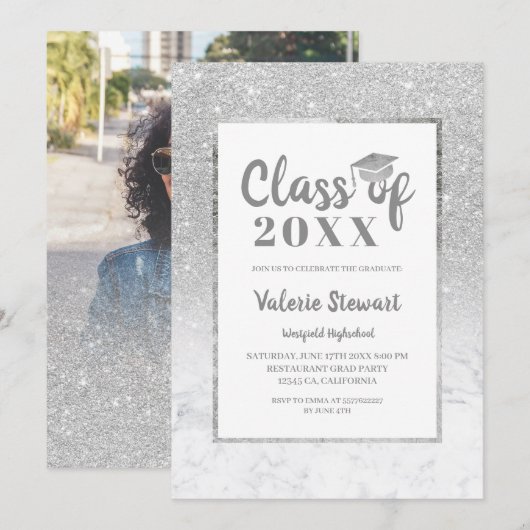 Marble Silver Glitter-klasse foto-afstuderen Kaart (Voorkant / Achterkant)