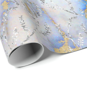 Marble Silver Grey Blue Ocean Floral Foliën Laurel Cadeaupapier