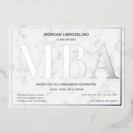 Marble Silver MBA Afstuderen Folie Uitnodiging (Voorkant)
