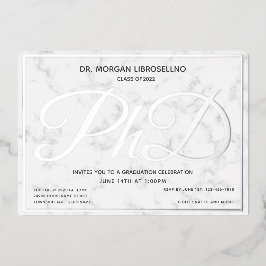 Marble Silver White PhD Afstuderen Folie Uitnodiging