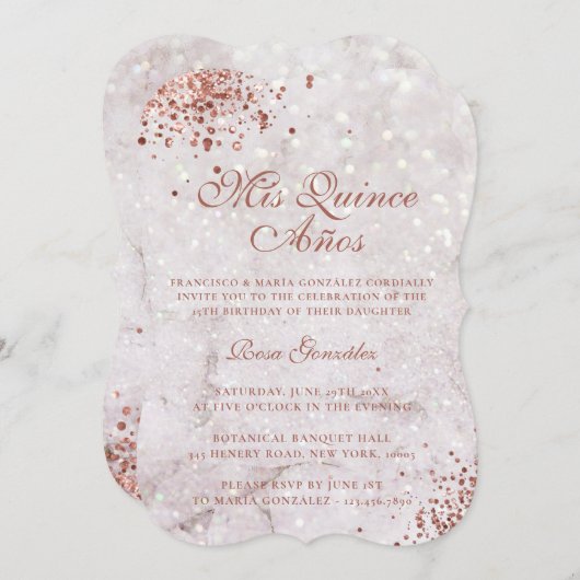 Marble Sparkle Roos Gold Glitter Quinceañera Kaart (Voorkant / Achterkant)