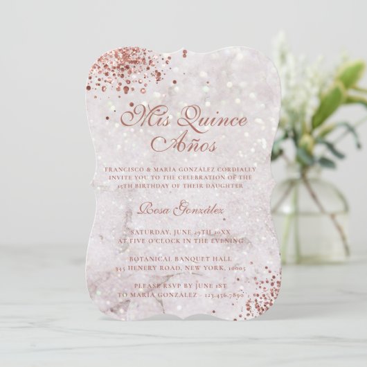 Marble Sparkle Roos Gold Glitter Quinceañera Kaart (Staand voorkant)