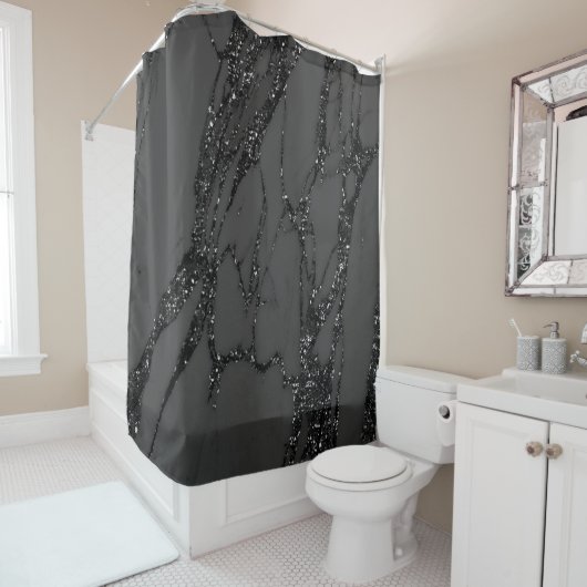 Marble Stone Abstract Black Grahite Glitter Grey Douchegordijn (In situ)
