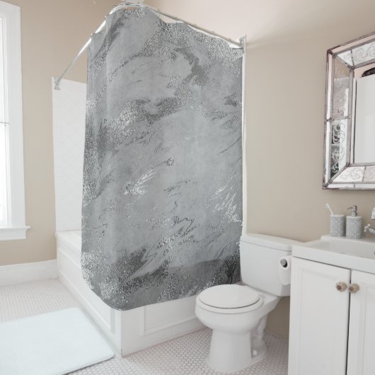 Marble Stone Abstract Silver Grey Metallic Strokes Douchegordijn (In situ)
