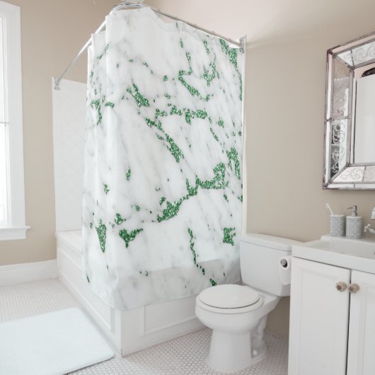 Marble Stone White Carrara Tropical Green Grey Douchegordijn (In situ)