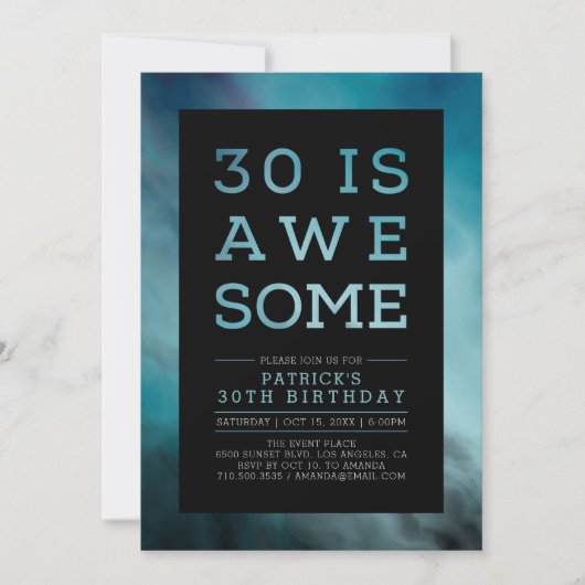 Marble Teal Modern Typography 30th Birthday Party Kaart (Voorkant)