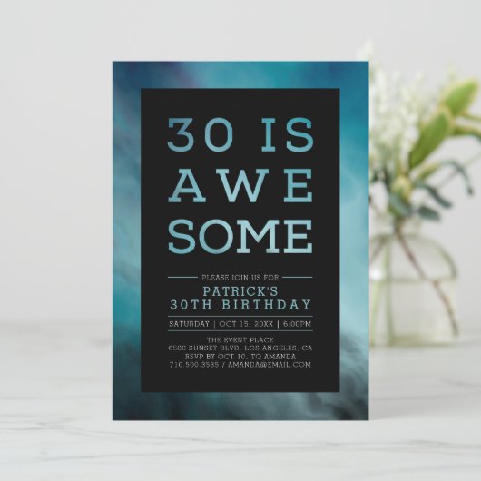 Marble Teal Modern Typography 30th Birthday Party Kaart (Staand voorkant)
