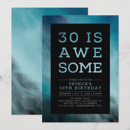 Marble Teal Modern Typography 30th Birthday Party Kaart (Voorkant / Achterkant)
