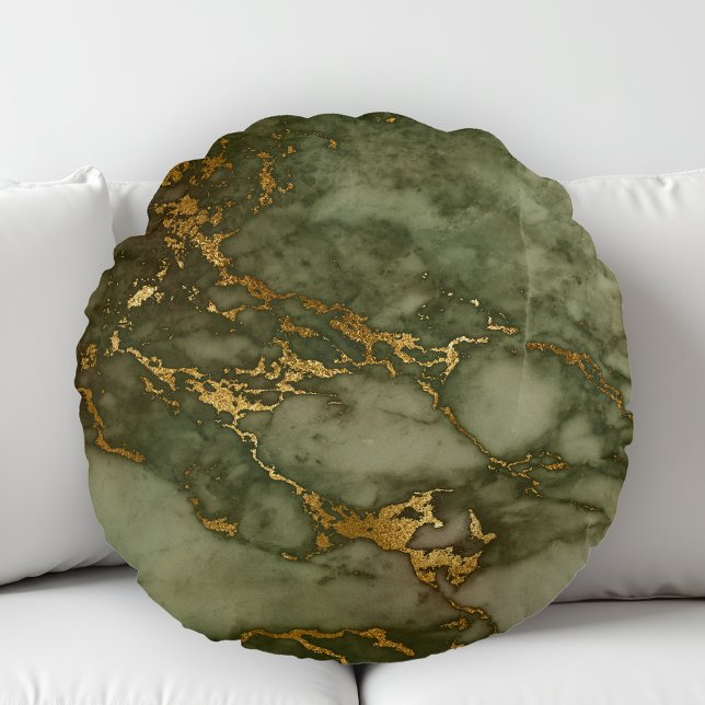 Marble Texture Olive Green Faux Gold Foil Rond Kussen (Creator heeft geüpload)