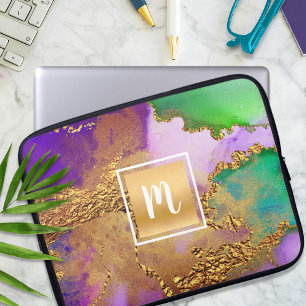 Marble waterverf gold paars aqua green monogram laptop sleeve