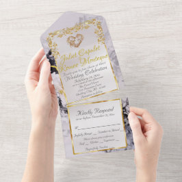 Marble & White, Gold Frame, Gold Heart All In One Uitnodiging