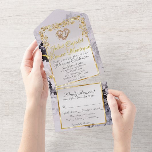 Marble & White, Gold Frame, Gold Heart All In One Uitnodiging (Afscheurbaar)
