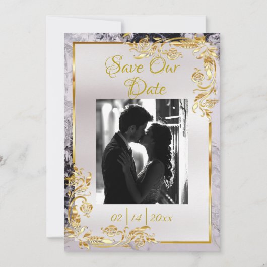 Marble & White, Gold Frame, Gold Heart Save The Date (Voorkant)