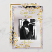 Marble & White, Gold Frame, Gold Heart Save The Date (Voorkant / Achterkant)