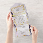 Marble & White, Gold Frame, Silver Heart All In One Uitnodiging (Afscheurbaar)