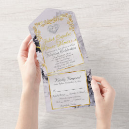 Marble & White, Gold Frame, Silver Heart All In One Uitnodiging