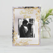 Marble & White, Gold Frame, Silver Heart Save The Date (Staand voorkant)