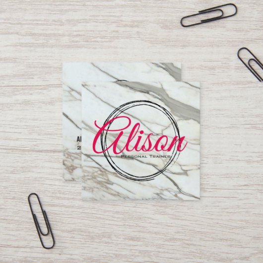Marble white roze kalligraphy letters square card. vierkante visitekaartje (Voorkant / Achterkant in situ)