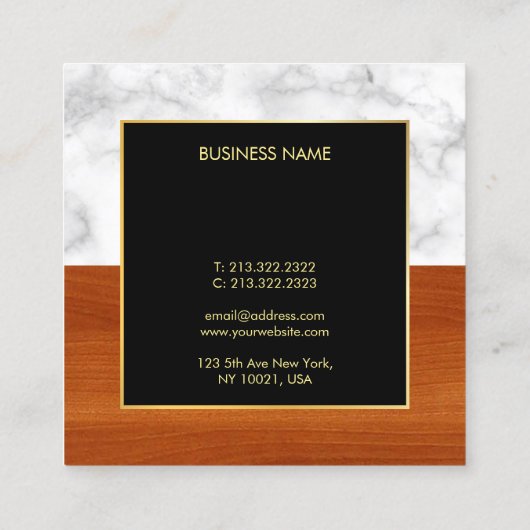 Marble Wood Gold Luxury Moderne Elegant Sjabloon Vierkante Visitekaartje (Achterkant)
